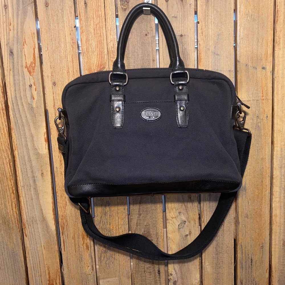 Fossil Black Canvas Laptop Nag with Leather Trim